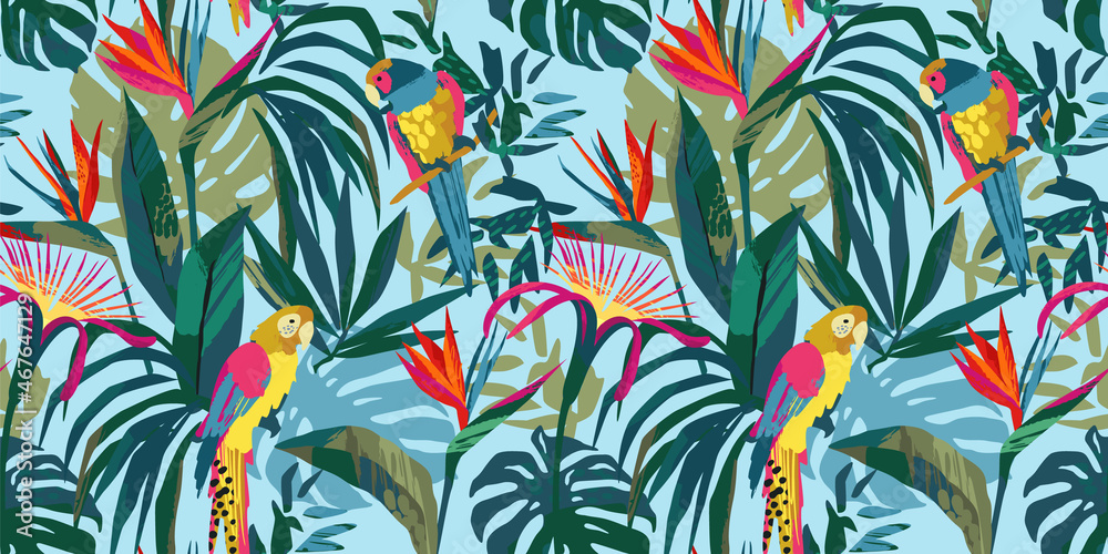 带有鹦鹉和热带植物的抽象艺术无缝图案。现代异国情调设计