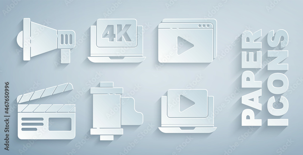 设置相机老式胶卷暗盒，在线播放视频，电影拍板，带4k和Megapho的笔记本电脑