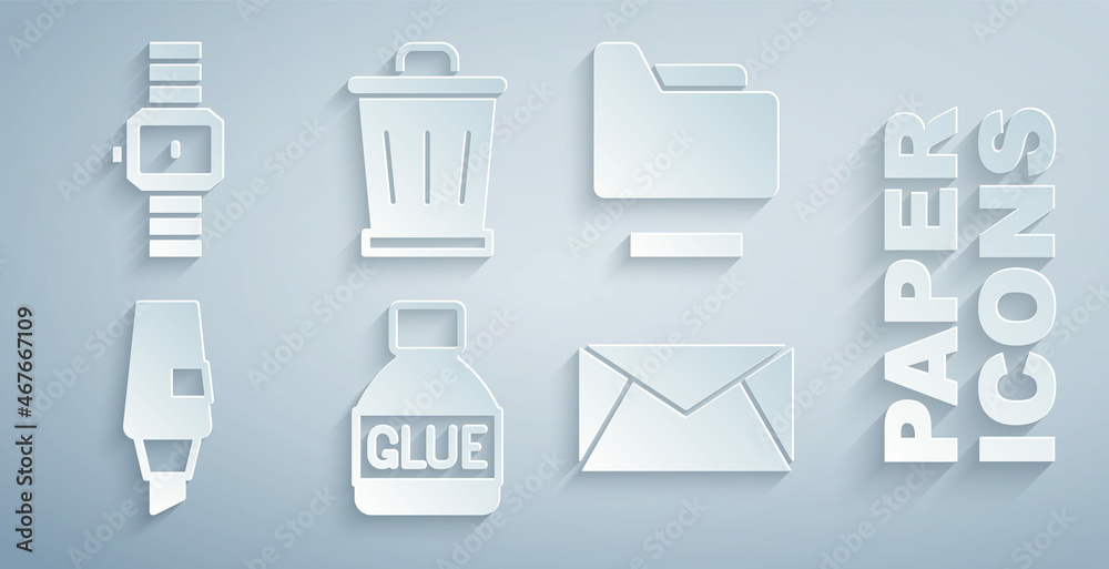 Set Glue, Document folder, Marker pen, Mail and e-mail, Trash can and Wrist watch icon. Vector
