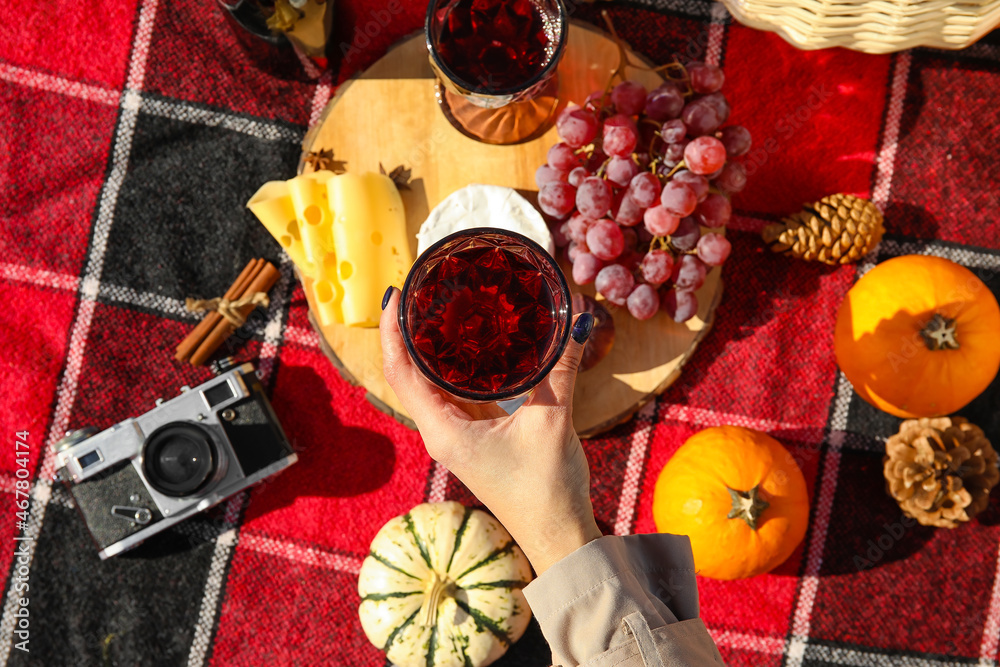 Woman with glass of wine having romantic picnic, top view