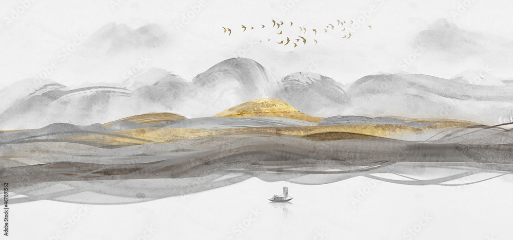 手绘中式意境金色抽象山水画
