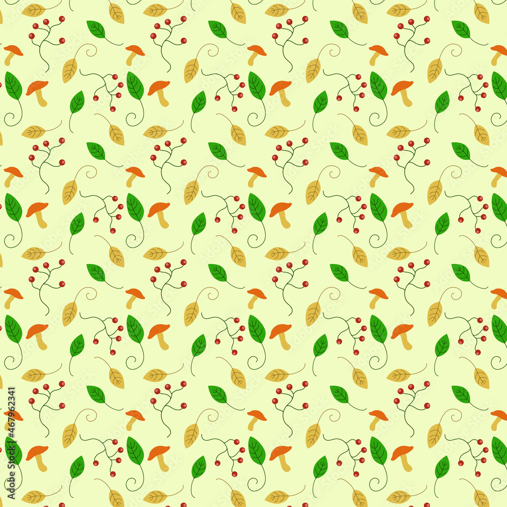 Vector pattern, with leaves, mushrooms and berries, for packages, gifts and textures