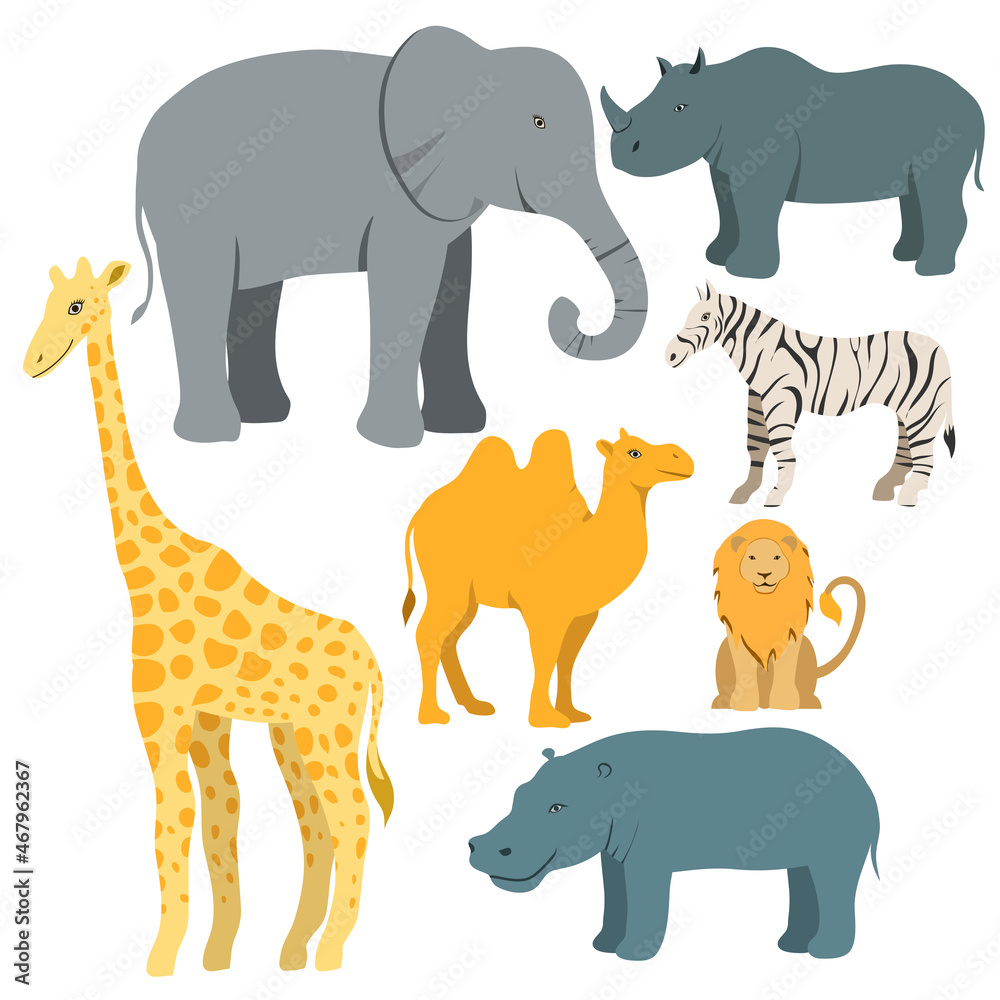动物、大象、长颈鹿、河马、狮子、骆驼、犀牛、斑马的矢量集
