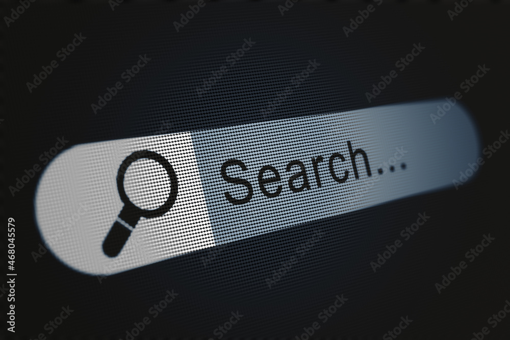 Creative search bar on dark background. SEO and internet concept. 3D Rendering.
