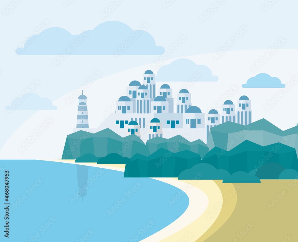 典型希腊岛建筑的卡通背景-矢量插图