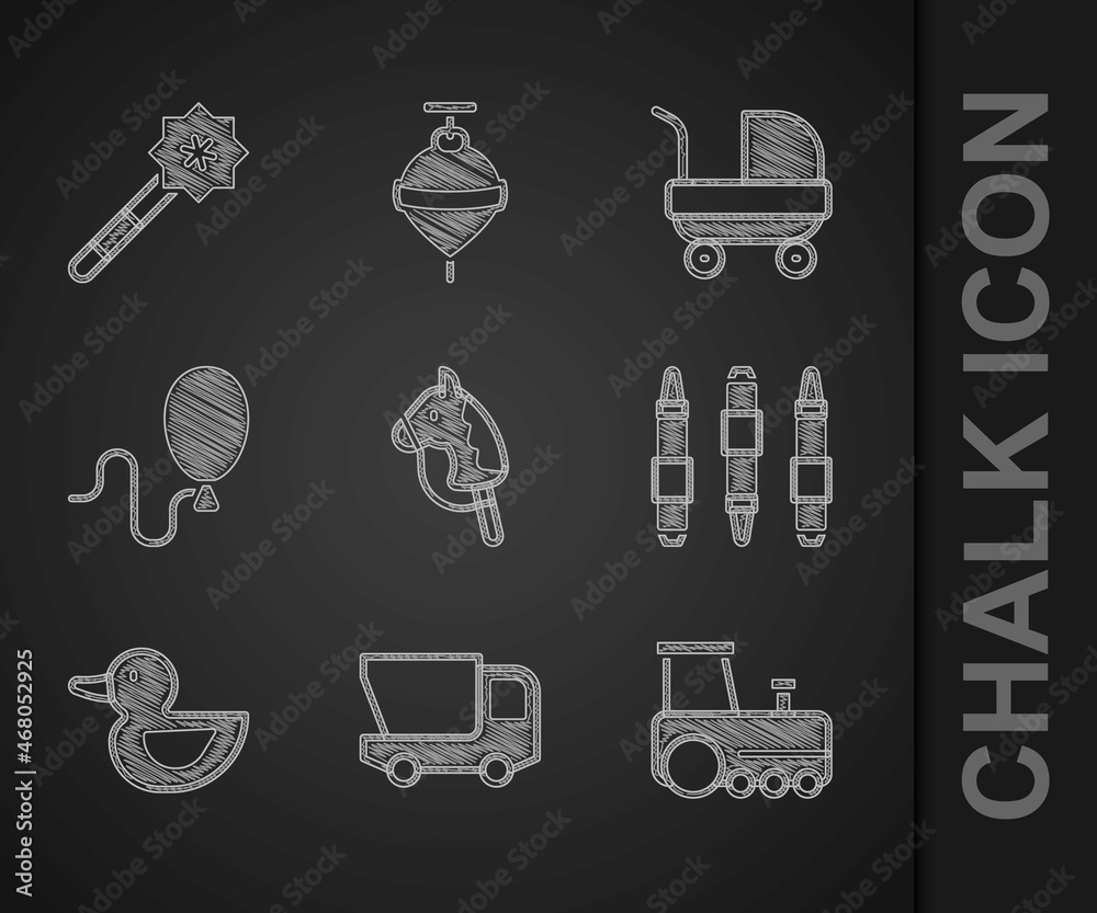 设置玩具马、卡车、火车、记号笔、橡皮鸭、气球、婴儿推车和魔杖图标.V
