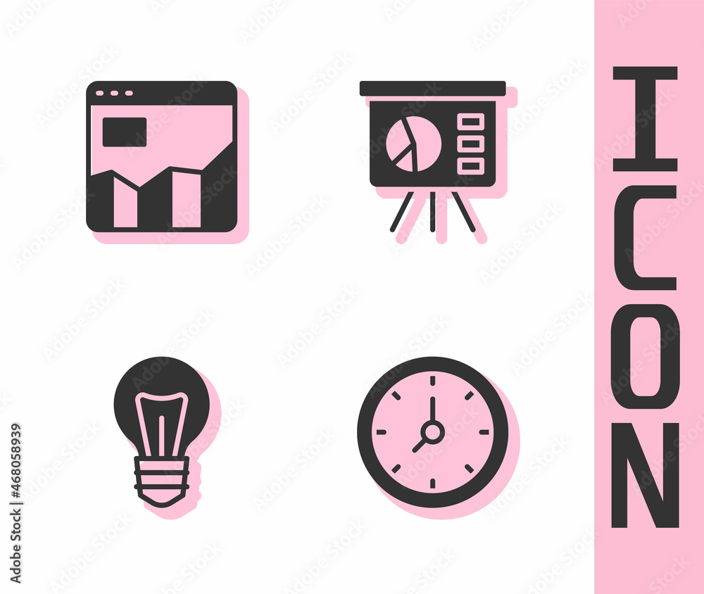 Set Clock, Graph chart infographic, Light bulb and Board with icon. Vector
