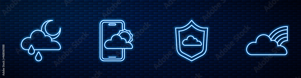 Set line Weather forecast, Cloud with rain and moon, and Rainbow clouds. Glowing neon icon on brick 