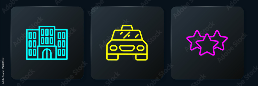 Set line Hotel building, Stars rating and Taxi car. Black square button. Vector