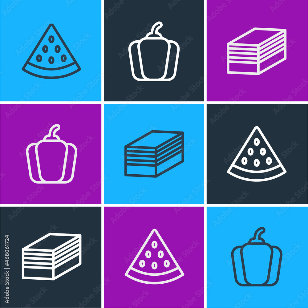 Set line Watermelon, Piece of cake and Bell pepper icon. Vector
