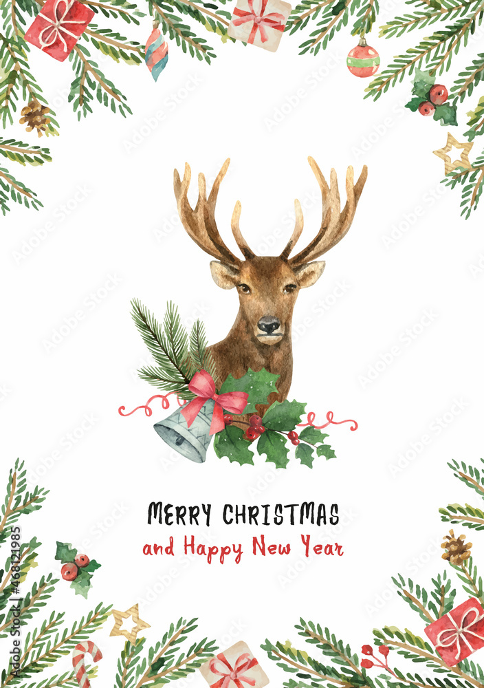 水彩矢量圣诞卡，上面有一只鹿、一个铃铛和冷杉树枝。