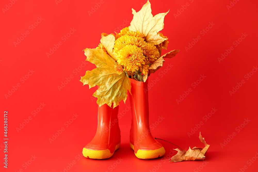 一双彩色背景上有花朵和秋叶的橡胶靴