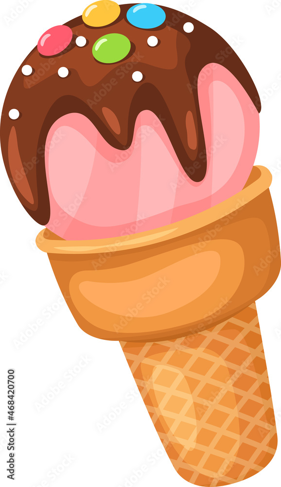 带甜球和浇头的冰淇淋蛋卷。冰淇淋的矢量顶部，甜食甜点隔离il