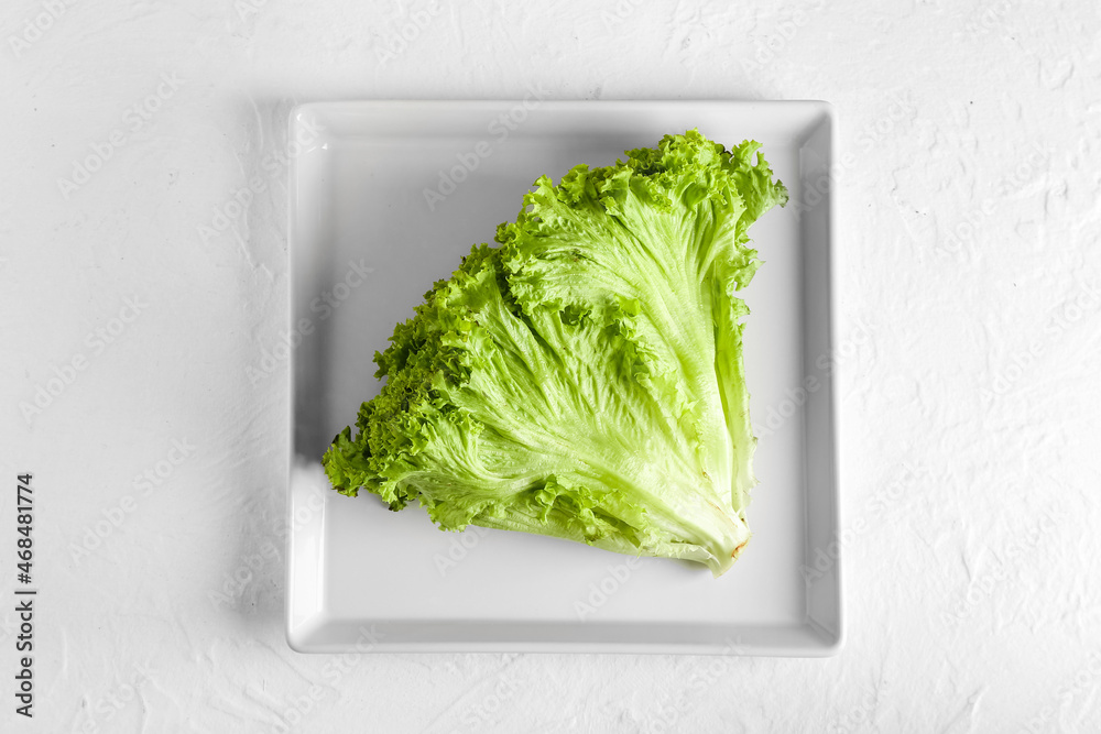 Plate with fresh lettuce on light background