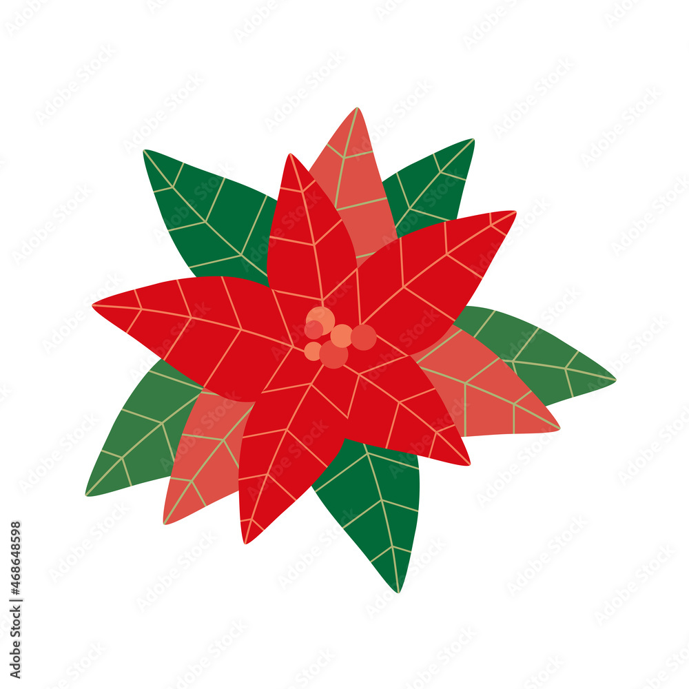 圣诞一品红花简单平面矢量图标。红色圣诞星植物卡通设计元素