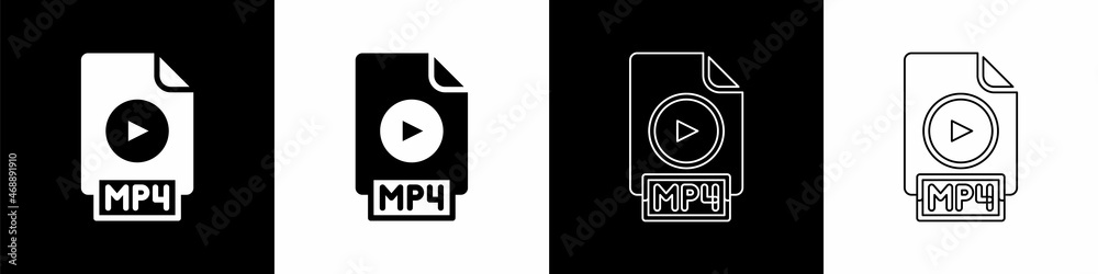 设置MP4文件文档。下载隔离在黑白背景上的MP4按钮图标。MP4文件符号