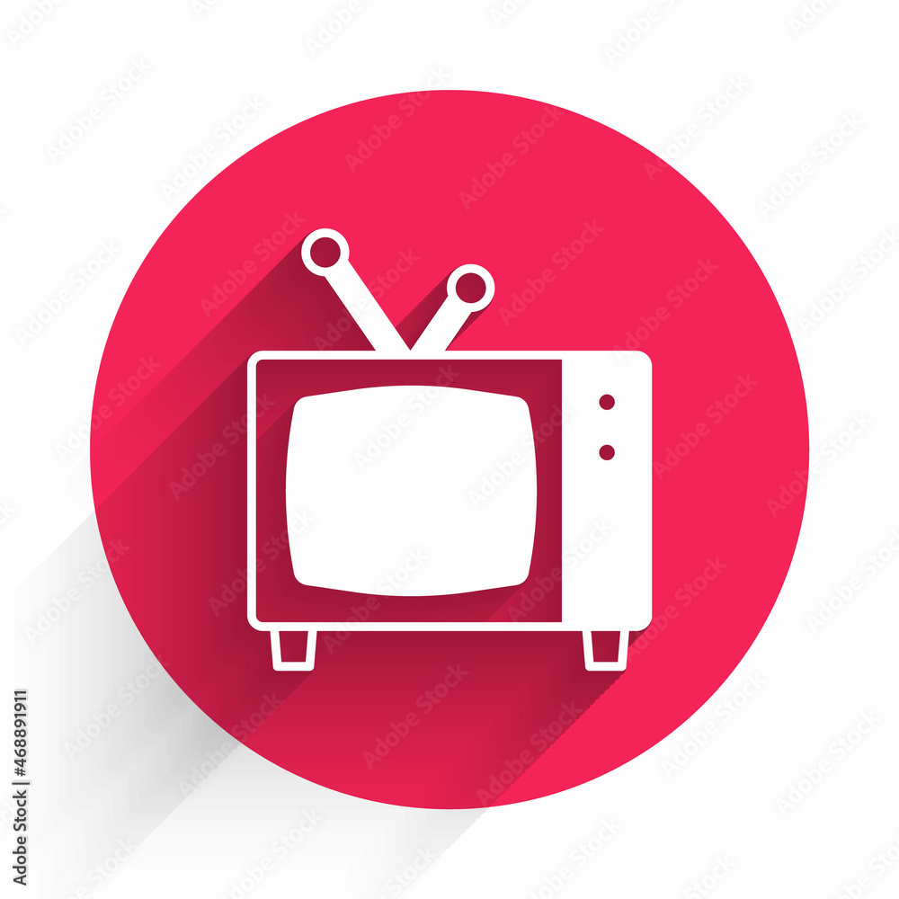白色复古电视图标与长阴影隔离。电视标志。红色圆圈按钮。矢量