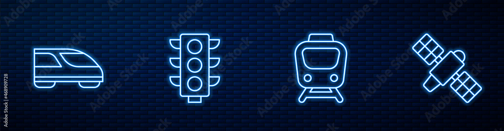 设置线路列车、高速列车、红绿灯和卫星。砖墙上闪闪发光的霓虹灯图标。面纱