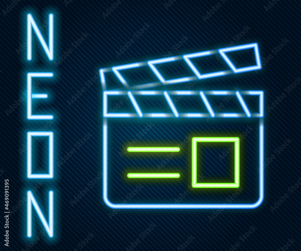Glowing neon line Movie clapper icon isolated on black background. Film clapper board. Clapperboard 