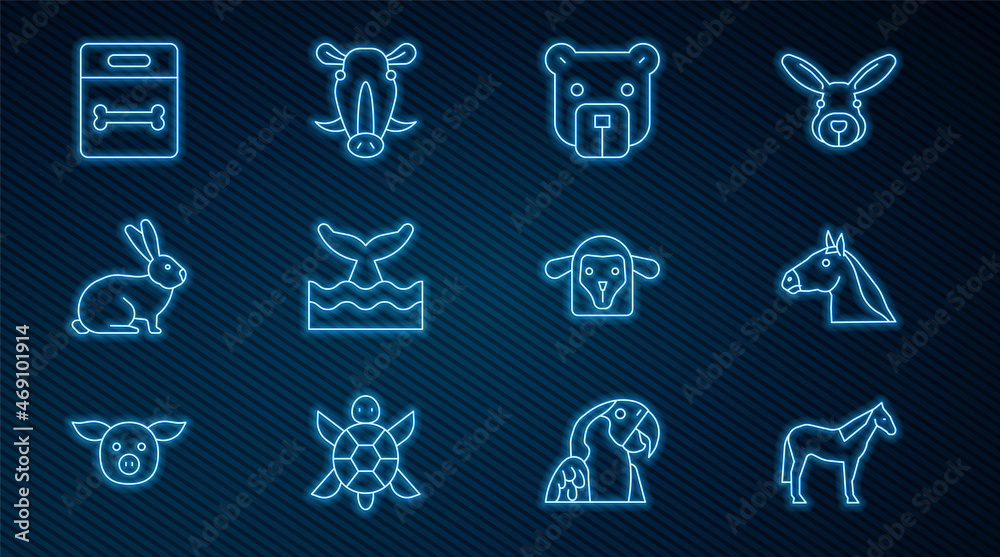 Set line Horse, head, Bear, Whale tail in ocean wave, Rabbit, Dog bone, Sheep and Wild boar icon. Ve