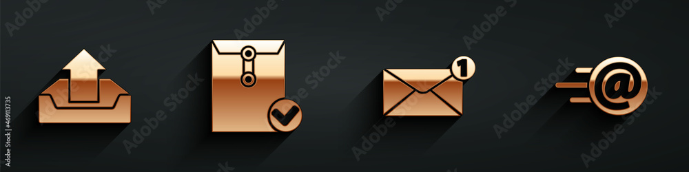 设置上传收件箱、信封和复选标记、信封和邮件以及带有长阴影的电子邮件图标。Vecto