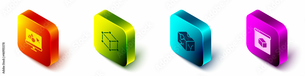 设置等距3D打印机软件、等距立方体和图标。矢量