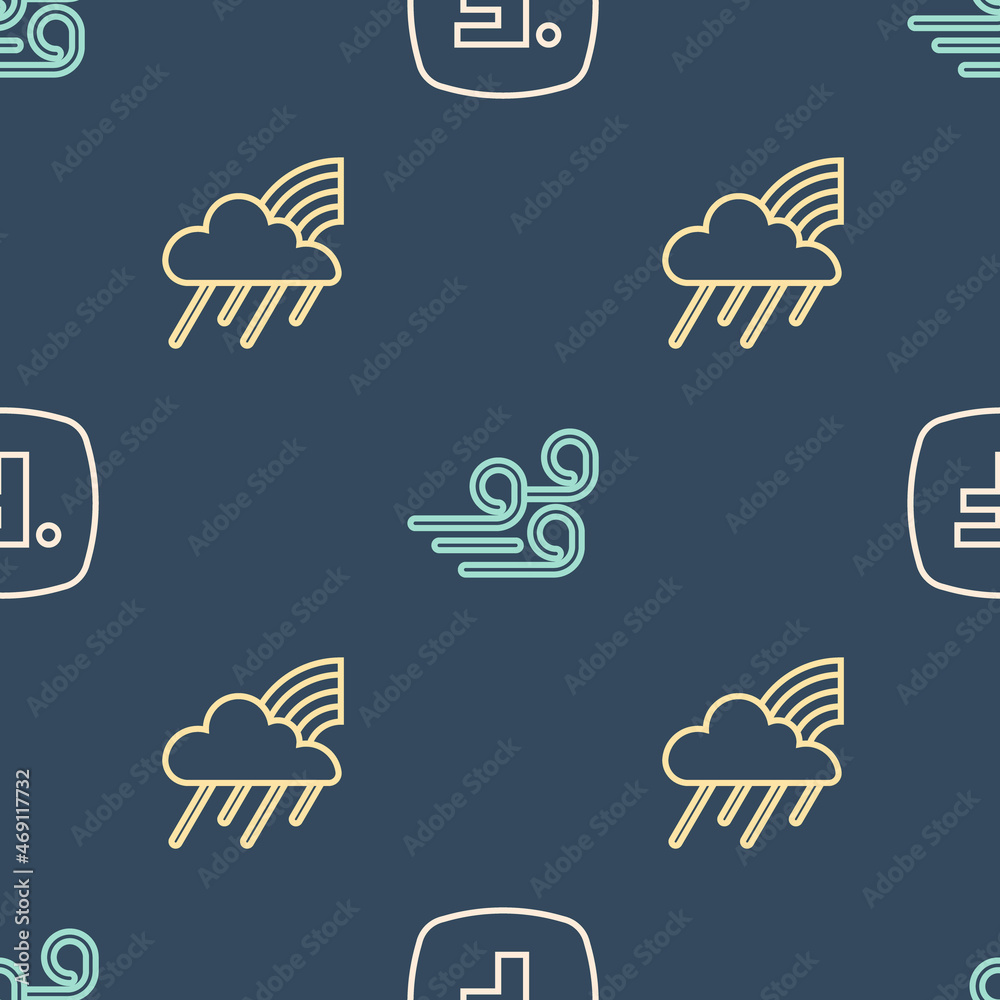 Set line Fahrenheit, Rainbow with cloud and rain and Windy weather on seamless pattern. Vector