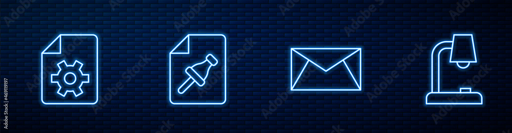 设置邮件和电子邮件、文档设置、带按钮和台灯的便笺纸。Glowing neo