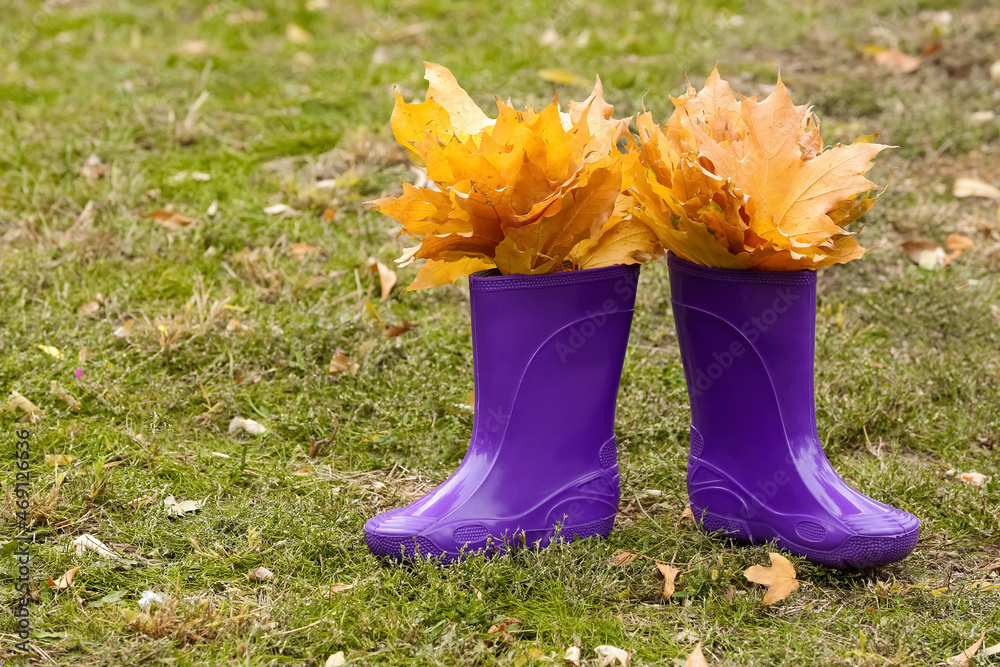 公园里的一双橡胶靴和秋叶