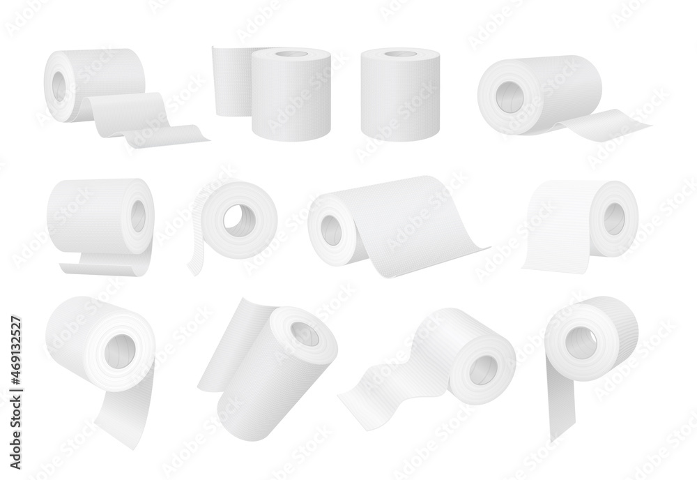 逼真的白色卫生纸和厨房毛巾卷。带管的3d圆筒卫生湿巾。浴室