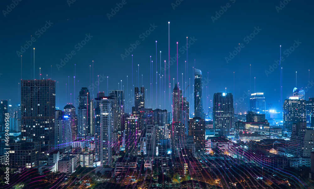 智慧城市和抽象点与梯度线连接，大数据连接技术理念