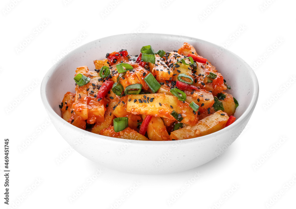 Bowl with honey chilli potato on white background