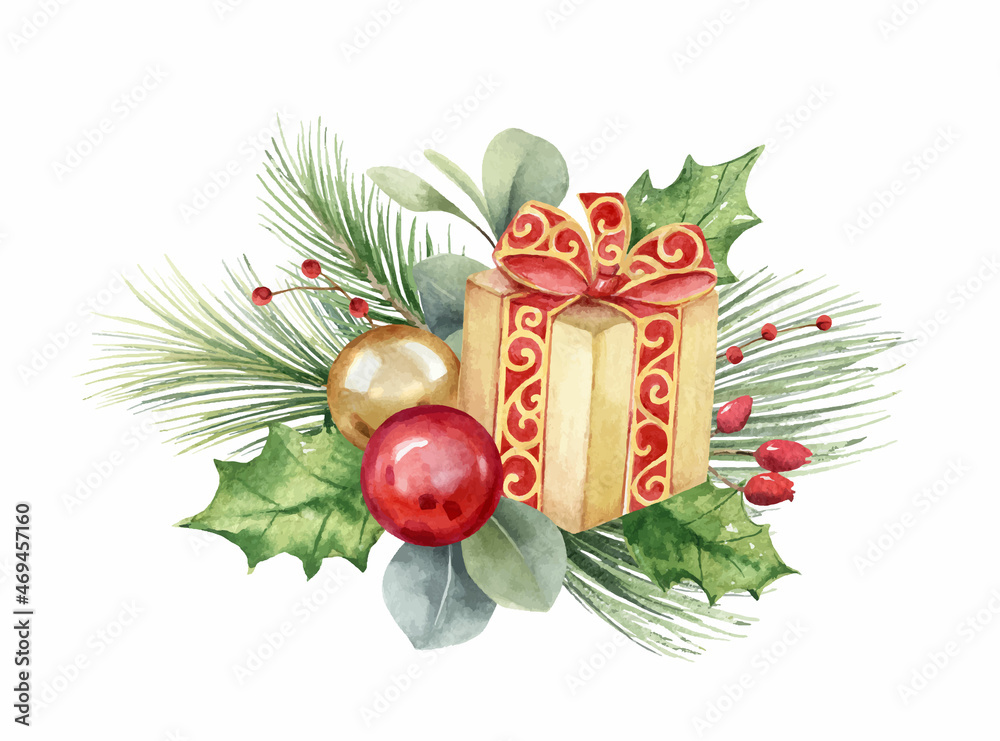 带有礼品盒、圣诞球和冷杉树枝的水彩矢量构图。