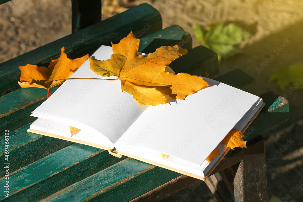 公园长椅上的空白书和秋叶