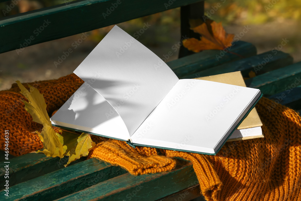 Blank book, warm sweater and autumn leaves on bench in park