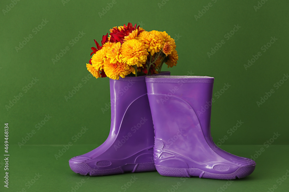 Pair of rubber boots and beautiful flowers on color background