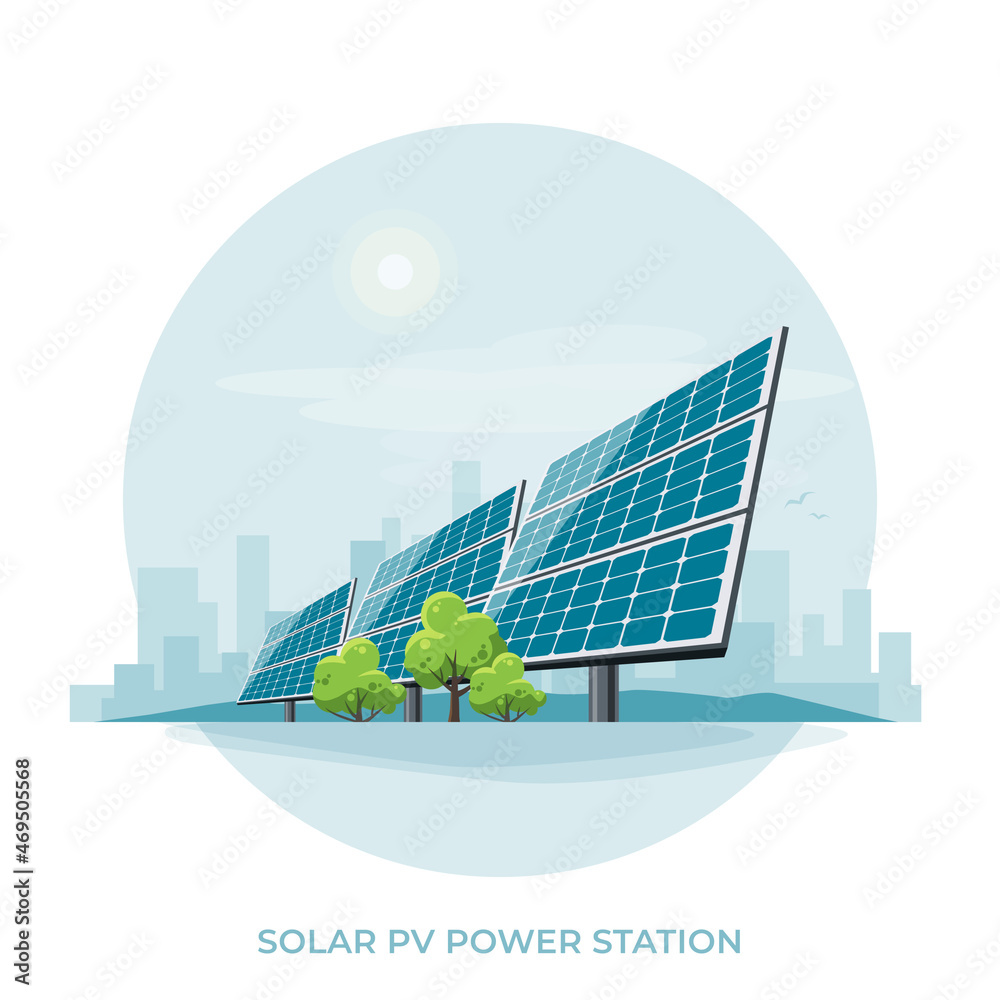 Solar PV panel power plant station. Renewable sustainable photovoltaic solar park energy generation 
