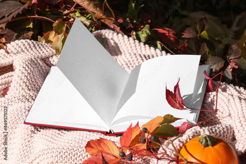 秋天公园里温暖格子布上的空白书和树叶