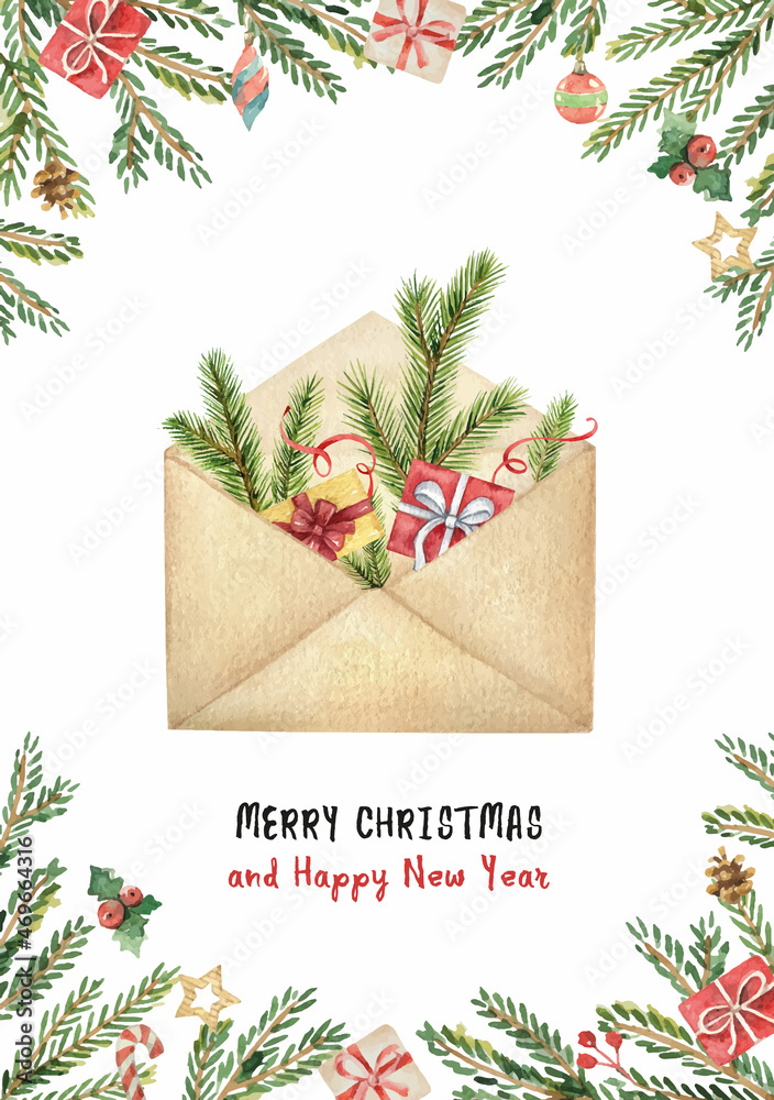 带有信封、礼品盒和冷杉树枝的水彩矢量圣诞卡。