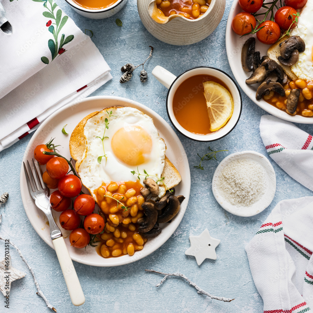 Holiday breakfast with beans toast and egg food photography