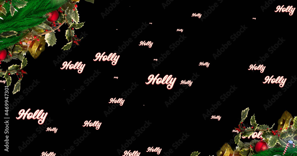 黑色背景的圣诞花环上重复的冬青树文本图像