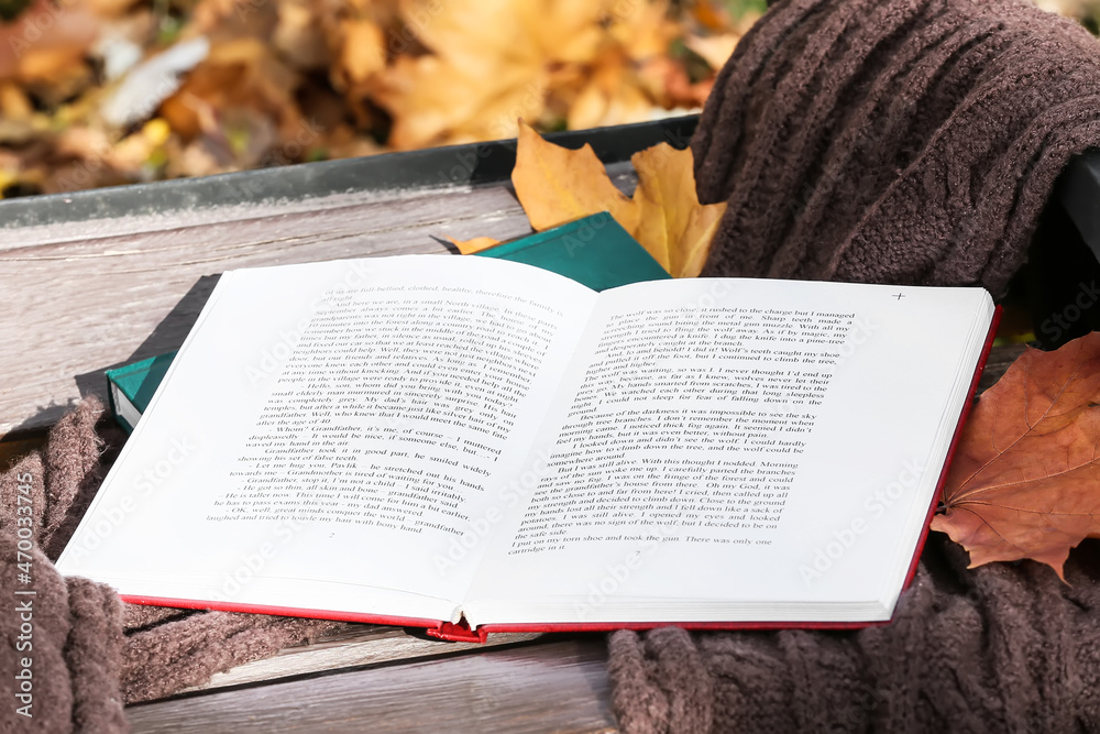 秋季公园长椅上打开书本和针织围巾
