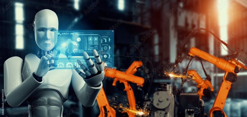 工厂生产中装配的机械化工业机器人和机械臂。人工概念