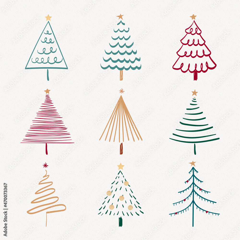 圣诞涂鸦贴纸，红色和绿色矢量集的可爱树木和动物插图
