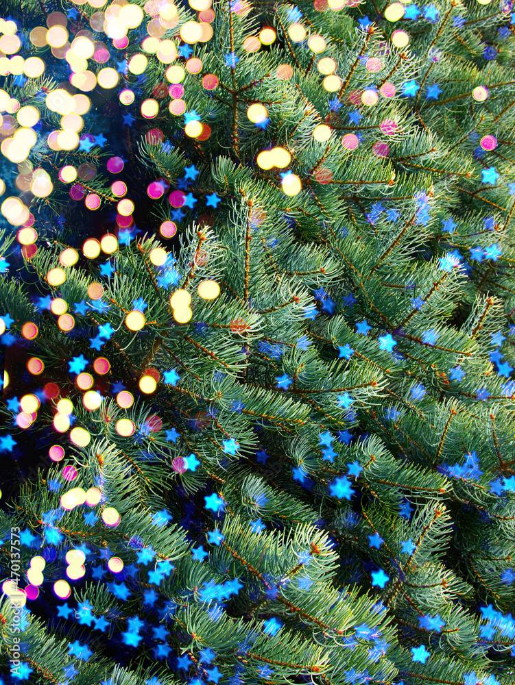 Closeup of Christmas tree with light and snowflakes