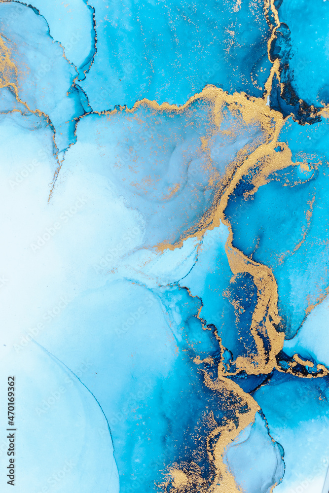 纸上大理石液体水墨艺术画的奢华蓝色抽象背景。原始艺术作品的图像