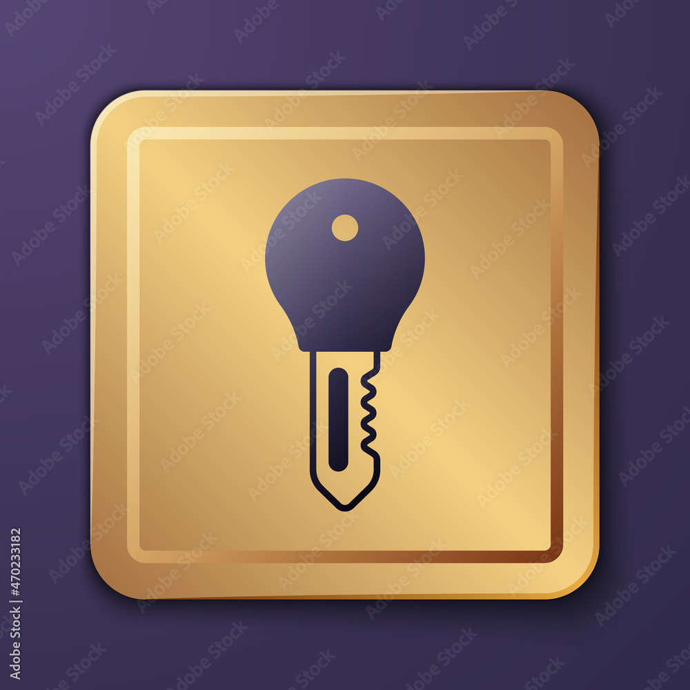 紫色酒店门锁钥匙图标隔离在紫色背景上。金色方形按钮。矢量