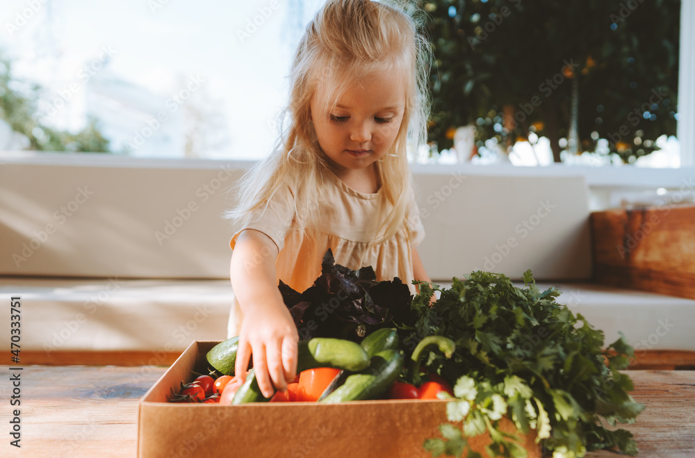 有蔬菜的孩子收获纯素食健康食品吃生活方式有机蔬菜和绿色家居