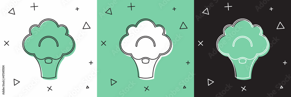 Set Broccoli icon isolated on white and green, black background. Vector