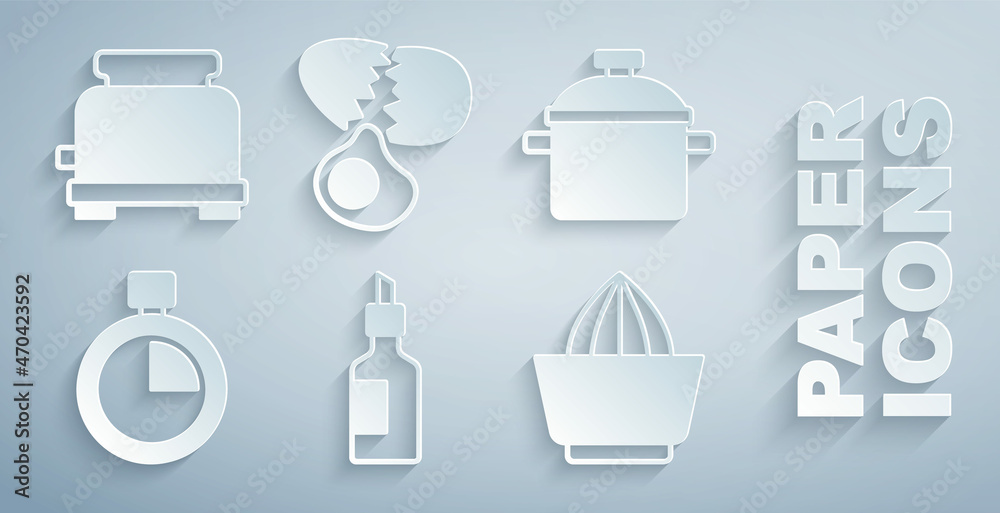 套装一瓶橄榄油，烹饪锅，秒表，柑橘榨汁机，碎鸡蛋和烤面包机图标.V